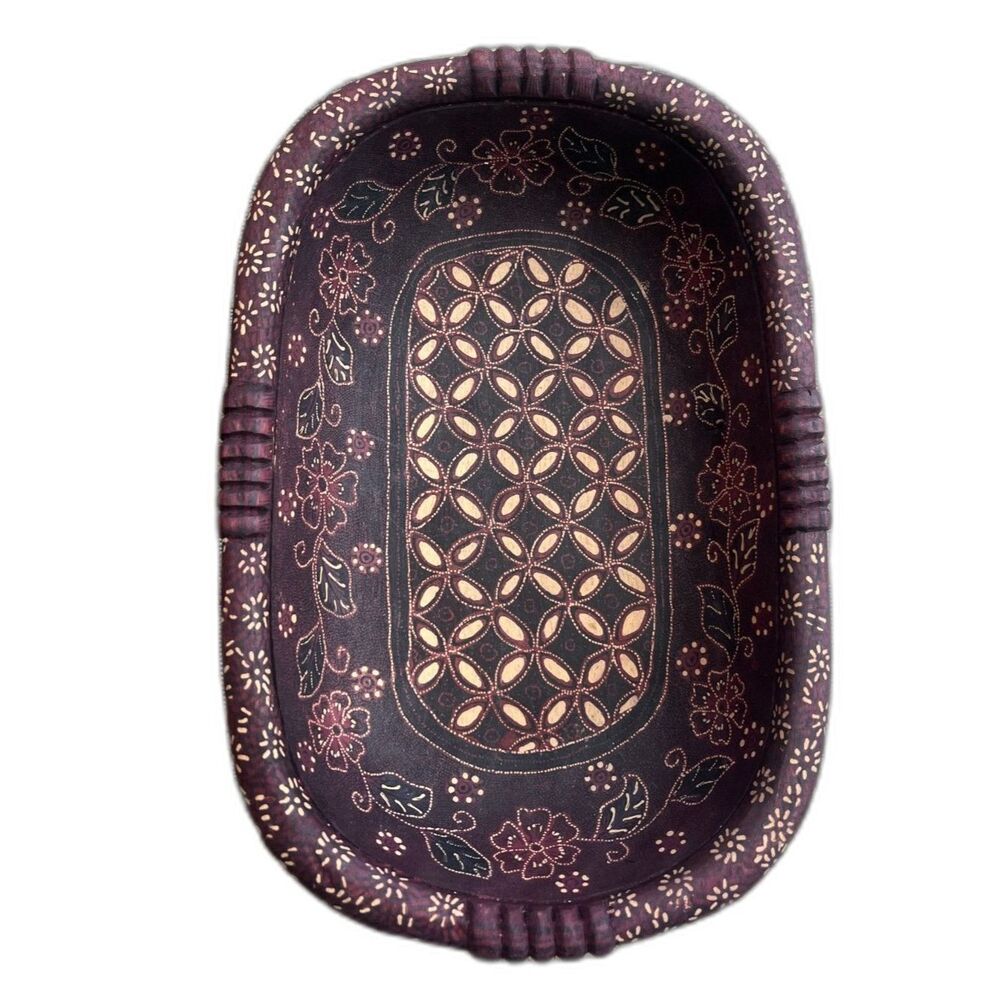 Hand Carved Wooden Serving Tray Folk Art Floral Geometric Oval Rustic Decor